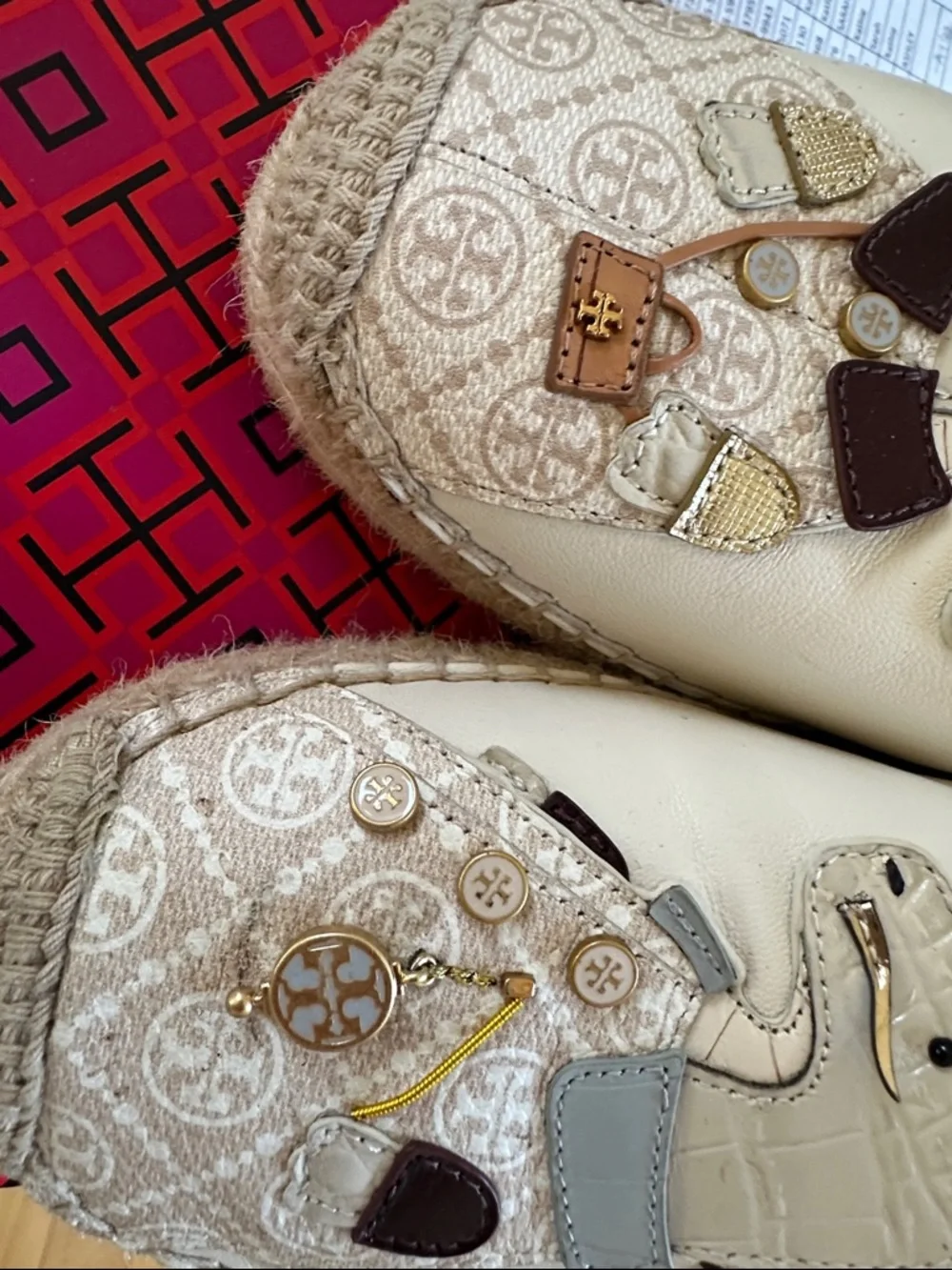 Tory Burch Cream Leather Espadrille Flats with Animal Appliqué
